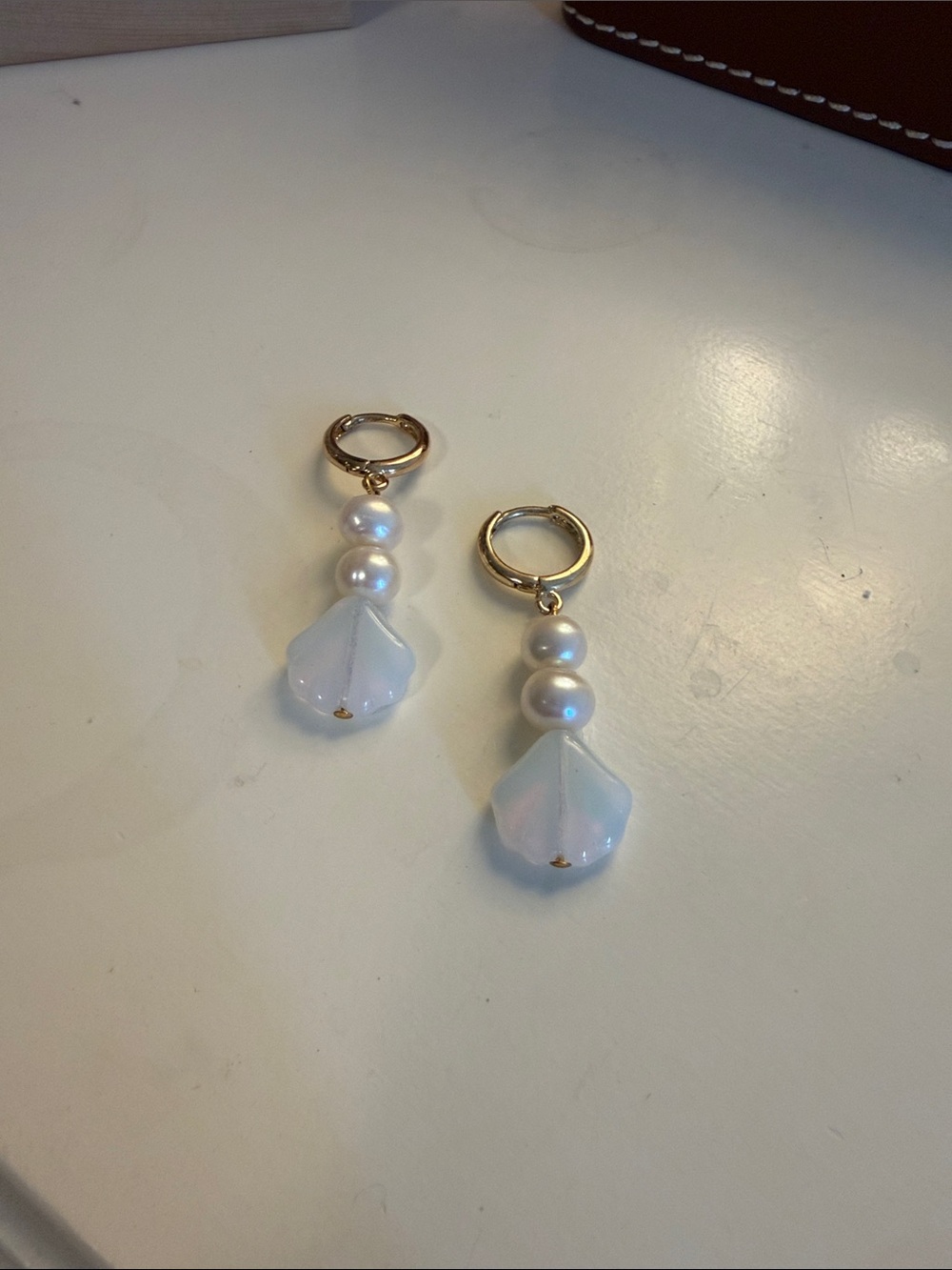 Gold Hoop Earrings with White Pearl and Opalescent Drop